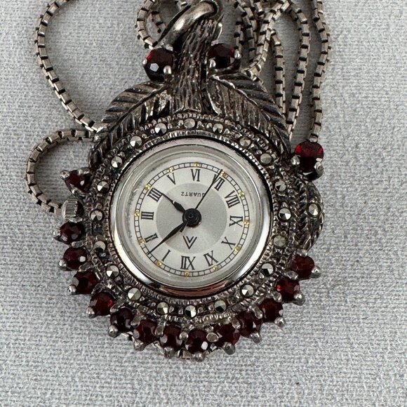 Fabulous Vintage 1940's Ladies Garnet and Marcasite Watch Pendant necklace - Picture 3 of 8
